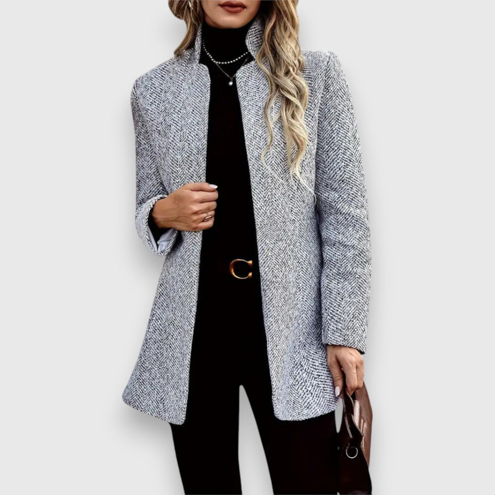 Women’s Longline Blazer – Open-Front Textured Blazer with Stand Collar