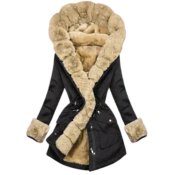 Women’s Plush-Lined Hooded Parka – Faux Fur Trimmed Coat for Winter Warmth
