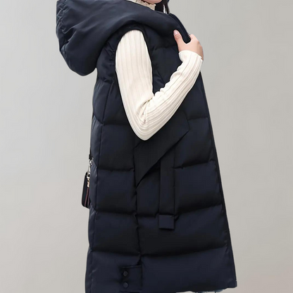 Women’s Long Hooded Puffer Vest – Sleeveless Quilted Winter Gilet with Full-Zip Front and Insulated Coverage