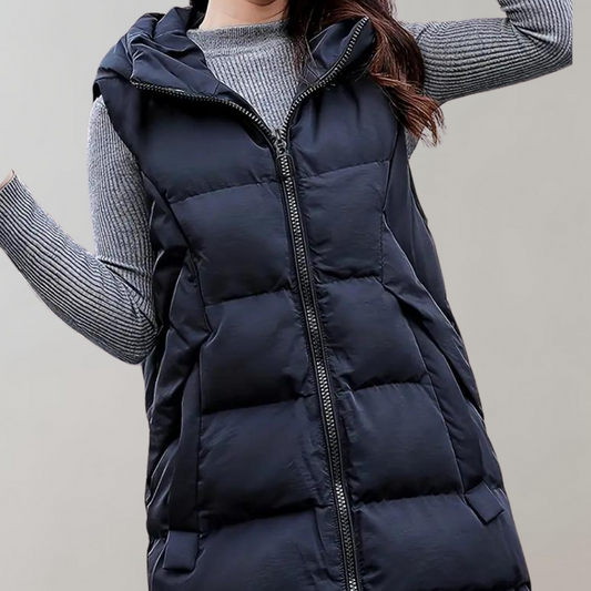 Women’s Long Hooded Puffer Vest – Sleeveless Quilted Winter Gilet with Full-Zip Front and Insulated Coverage
