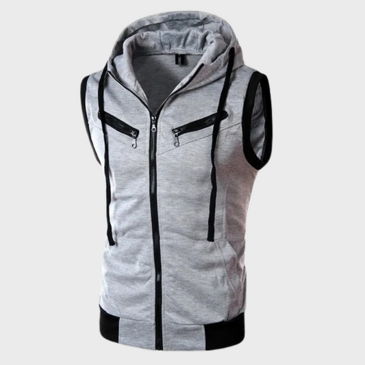 Men’s Sleeveless Hooded Vest – Full-Zip Layer with Detachable Hood and Contrast Zip Pockets for Casual Everyday Wear