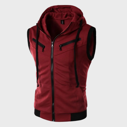 Men’s Sleeveless Hooded Vest – Full-Zip Layer with Detachable Hood and Contrast Zip Pockets for Casual Everyday Wear