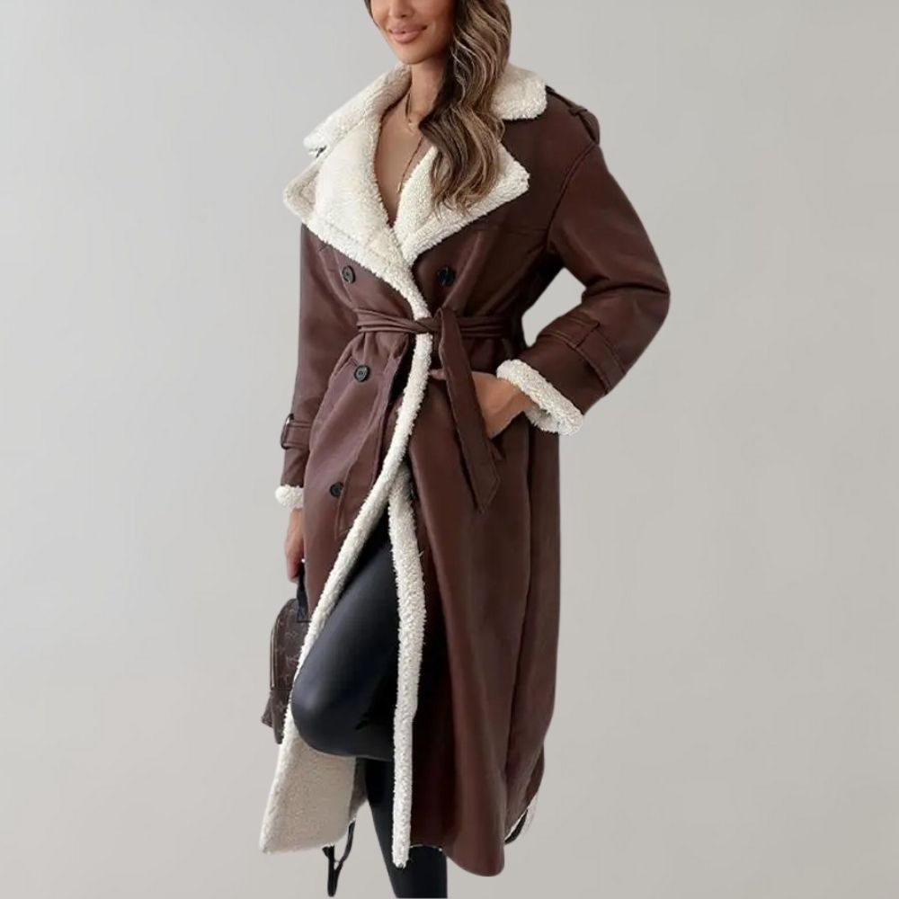 Women’s Shearling-Lined Long Coat – Double-Breasted Winter Layer with Belted Details