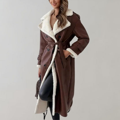 Women’s Shearling-Lined Long Coat – Double-Breasted Winter Layer with Belted Details