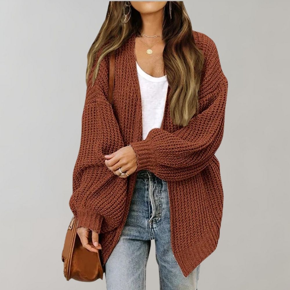 Women’s Chunky Knit Cardigan – Open Front with Batwing Sleeves
