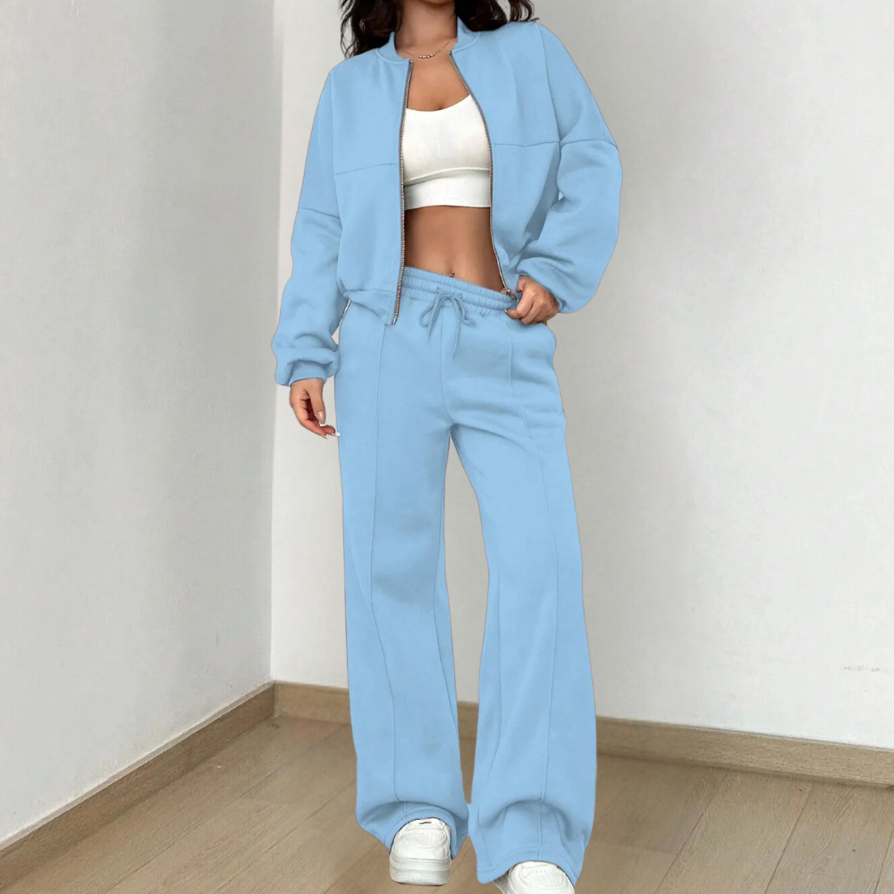 Women’s Zip-Front Two-Piece Set – Cropped Long-Sleeve Jacket with Drawstring Straight-Leg Trousers for Casual Wear
