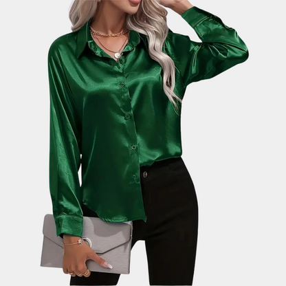 Women’s Satin Button-Up Shirt – Glossy Long-Sleeve Style for Office and Evening Wear