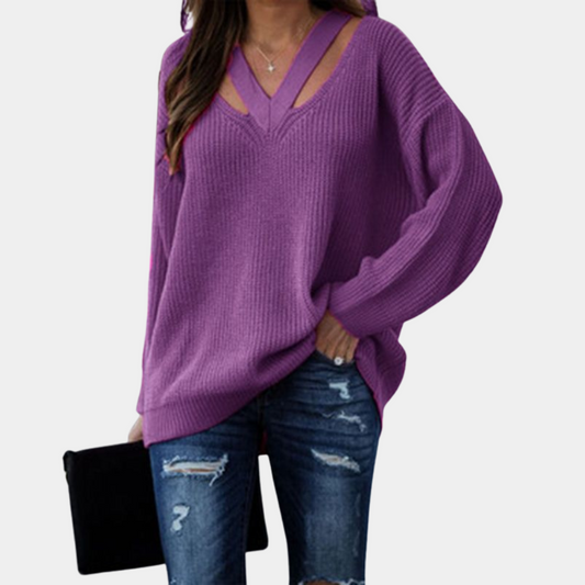 Women’s Cutout V-Neck Knit Top – Relaxed Long-Sleeve Style for Spring and Autumn