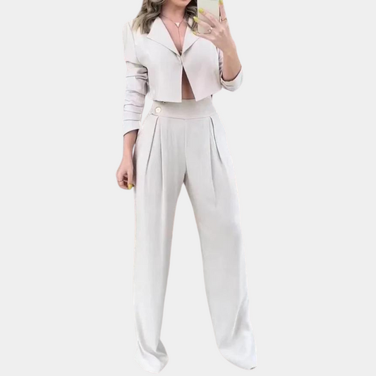 Women’s Cropped Blazer Trouser Co-Ord Set – Single-Button Jacket with Pleated Wide-Leg Trousers for Smart Casual Wear