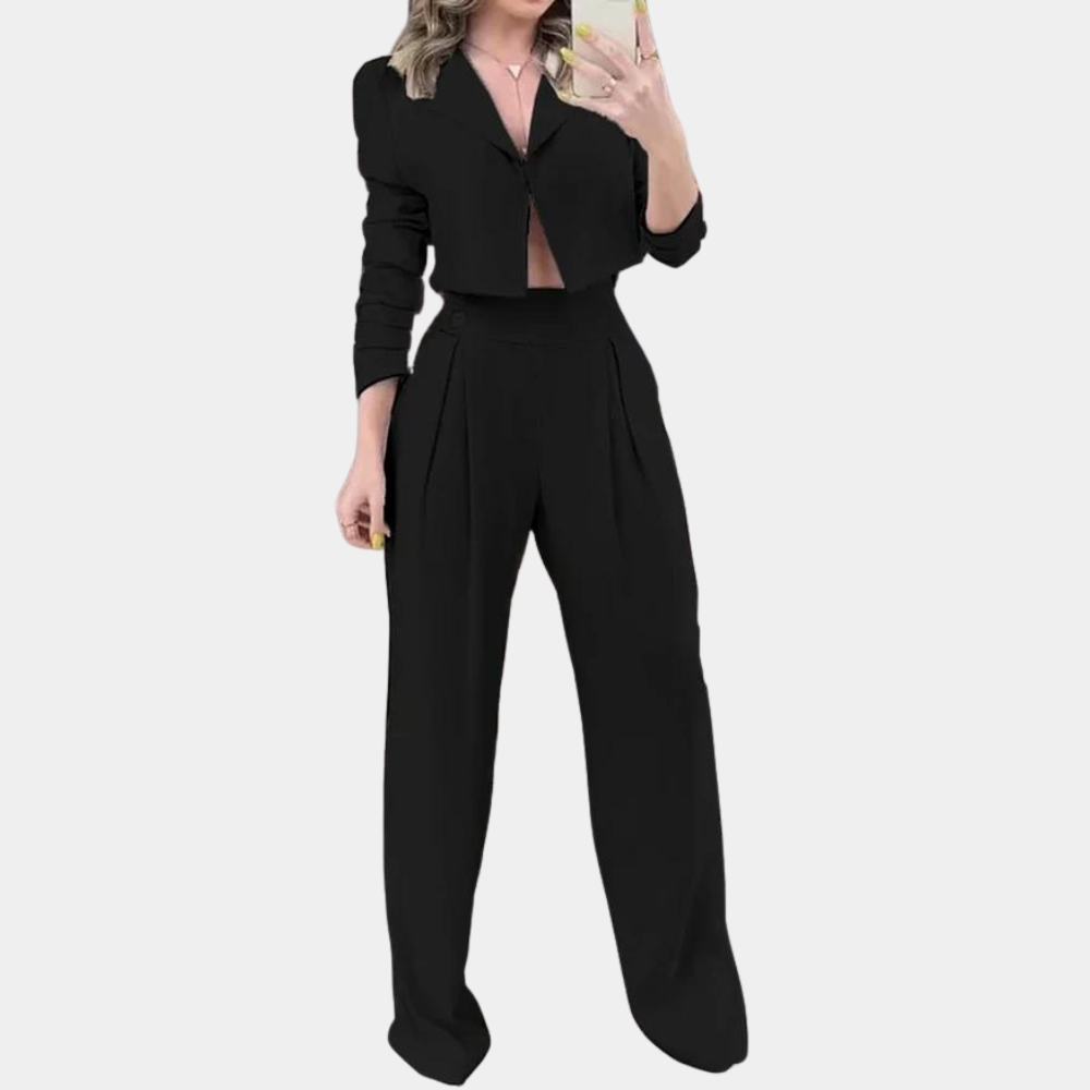 Women’s Cropped Blazer Trouser Co-Ord Set – Single-Button Jacket with Pleated Wide-Leg Trousers for Smart Casual Wear
