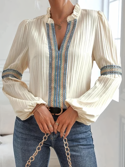 Women’s Ruffle Neck Blouse – Long-Sleeve Bohemian Top for Smart Casual Wear