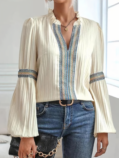 Women’s Ruffle Neck Blouse – Long-Sleeve Bohemian Top for Smart Casual Wear
