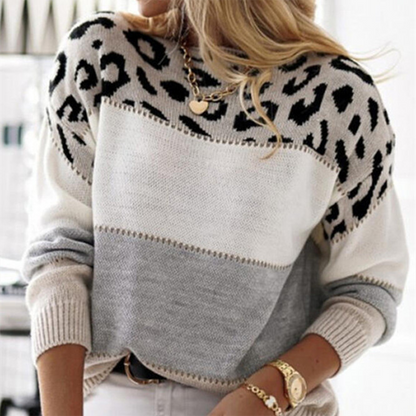 Women’s Leopard Panel Knit Sweater – Relaxed Crew-Neck Pullover for Stylish Everyday Layering