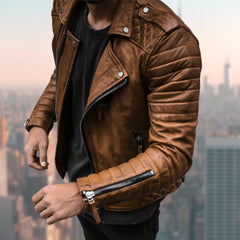 Men’s Quilted-Panel Leather Biker Jacket – Statement Layer for City and Weekend Wear
