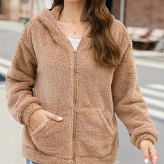 Women’s Hooded Teddy Fleece Zip Jacket – Warm Relaxed Winter Layer for Everyday Casual Wear