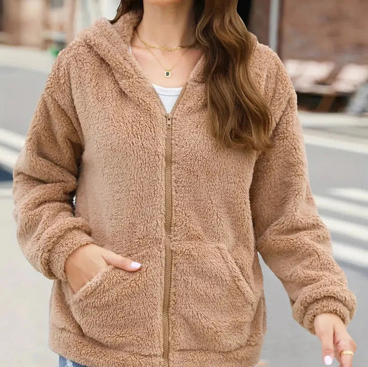 Women’s Hooded Teddy Fleece Zip Jacket – Warm Relaxed Winter Layer for Everyday Casual Wear