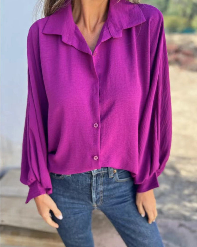 Women’s Relaxed Button-Up Blouse – Boxy Long Sleeve Shirt for Office and Everyday Wear