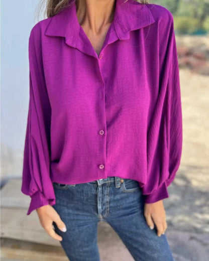 Women’s Relaxed Button-Up Blouse – Boxy Long Sleeve Shirt for Office and Everyday Wear