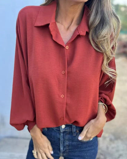 Women’s Relaxed Button-Up Blouse – Boxy Long Sleeve Shirt for Office and Everyday Wear