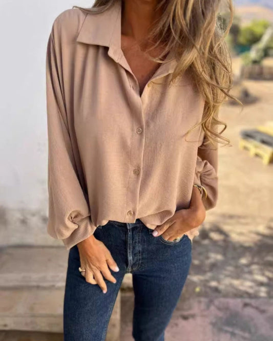 Women’s Relaxed Button-Up Blouse – Boxy Long Sleeve Shirt for Office and Everyday Wear