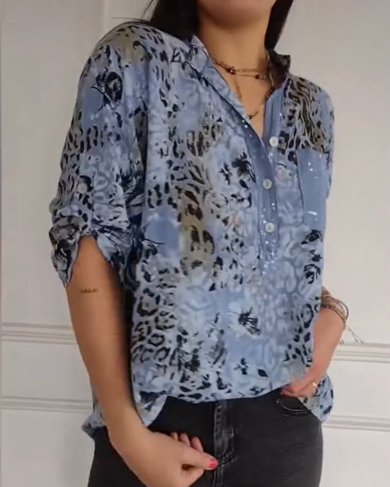 Women’s Printed Sequin Blouse – Relaxed Three-Quarter Sleeve Smart Casual Top