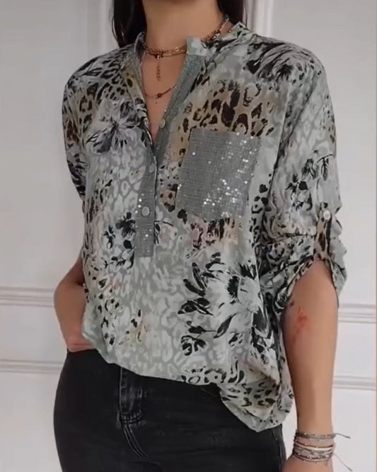 Women’s Printed Sequin Blouse – Relaxed Three-Quarter Sleeve Smart Casual Top