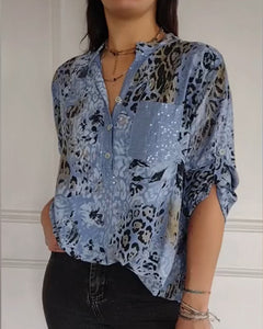 Women’s Printed Sequin Blouse – Relaxed Three-Quarter Sleeve Smart Casual Top