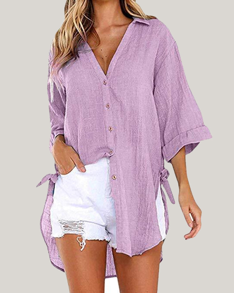 Women’s Oversized Longline Shirt – Side-Tie Button-Up for Spring and Summer