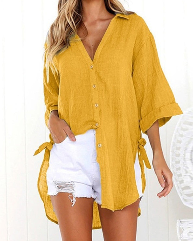 Women’s Oversized Longline Shirt – Side-Tie Button-Up for Spring and Summer
