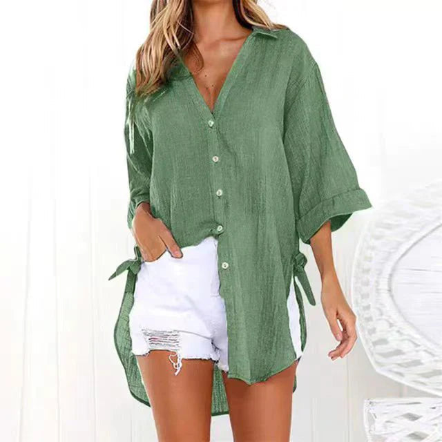 Women’s Oversized Longline Shirt – Side-Tie Button-Up for Spring and Summer