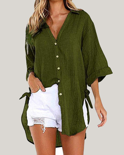 Women’s Oversized Longline Shirt – Side-Tie Button-Up for Spring and Summer