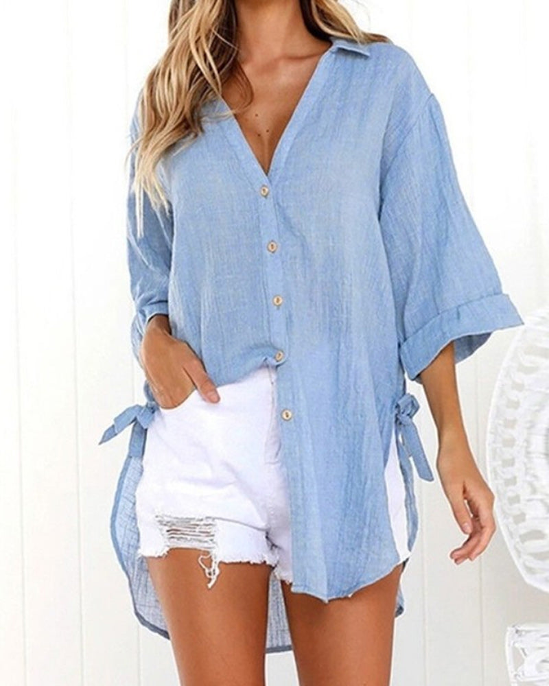 Women’s Oversized Longline Shirt – Side-Tie Button-Up for Spring and Summer
