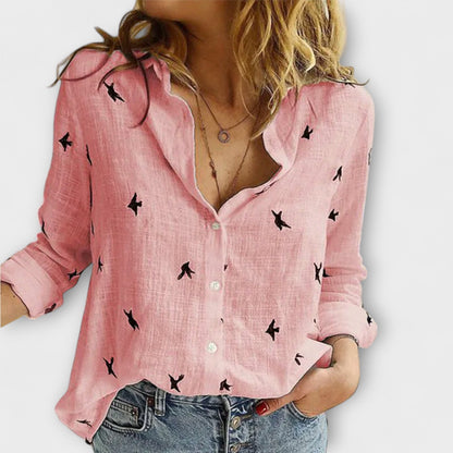 Women’s Relaxed Printed Button-Up Shirt – Long Sleeve Spring and Summer Casual Wear