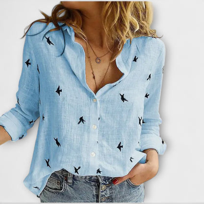 Women’s Relaxed Printed Button-Up Shirt – Long Sleeve Spring and Summer Casual Wear
