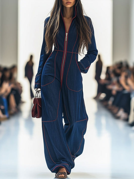 Women’s Denim-Look Utility Jumpsuit – Zip-Front Wide-Leg Style with Pockets for Office and City Wear