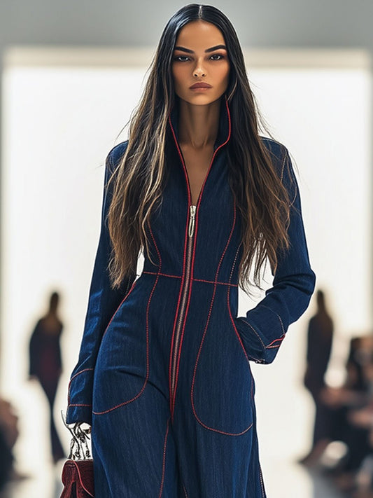 Women’s Denim-Look Utility Jumpsuit – Zip-Front Wide-Leg Style with Pockets for Office and City Wear