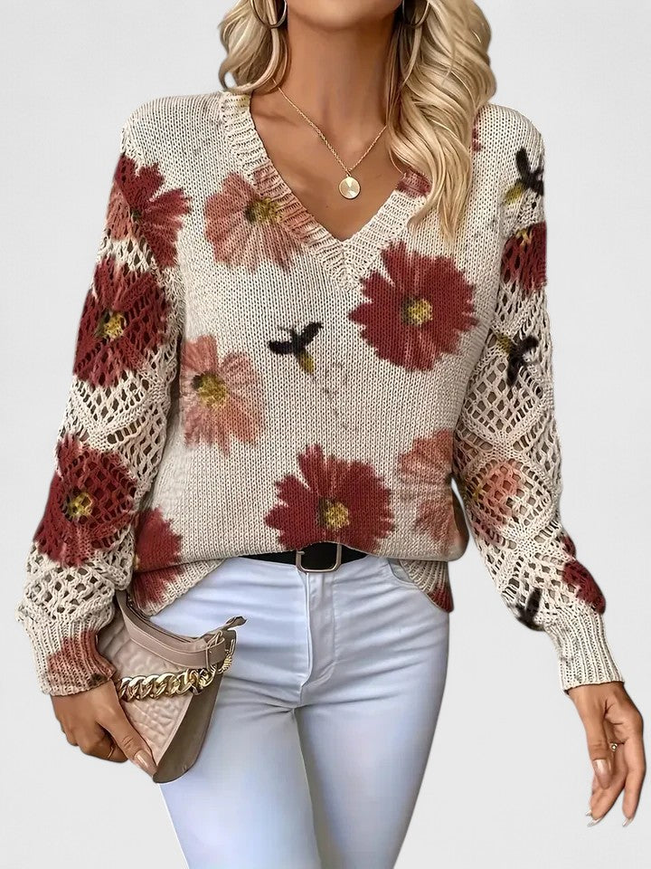 Women’s Relaxed Sweater – V-Neck Openwork Sleeve Style for Transitional Seasons