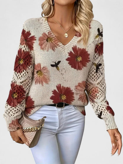 Women’s Relaxed Sweater – V-Neck Openwork Sleeve Style for Transitional Seasons