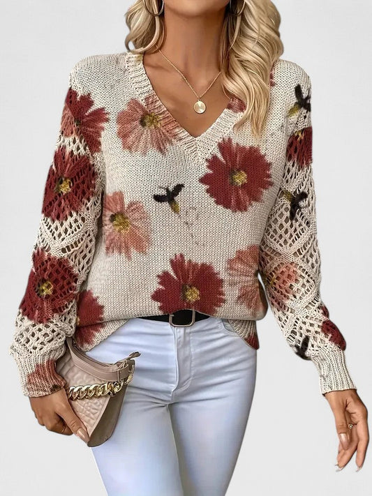 Women’s Relaxed Sweater – V-Neck Openwork Sleeve Style for Transitional Seasons