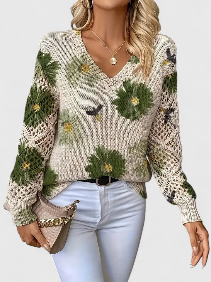 Women’s Relaxed Sweater – V-Neck Openwork Sleeve Style for Transitional Seasons