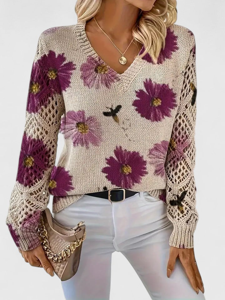 Women’s Relaxed Sweater – V-Neck Openwork Sleeve Style for Transitional Seasons