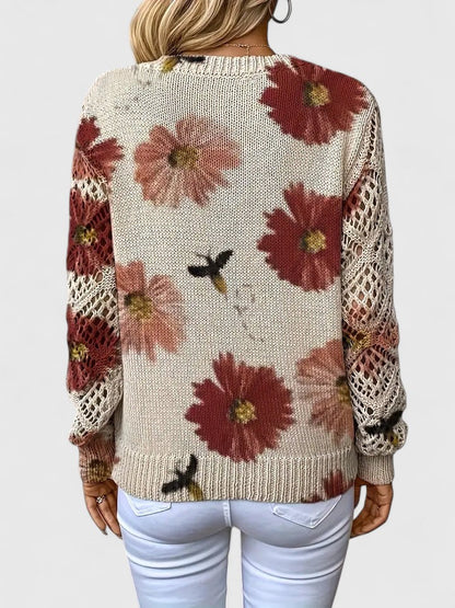 Women’s Relaxed Sweater – V-Neck Openwork Sleeve Style for Transitional Seasons