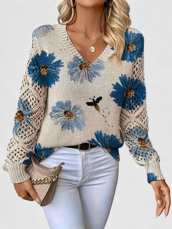 Women’s Relaxed Sweater – V-Neck Openwork Sleeve Style for Transitional Seasons