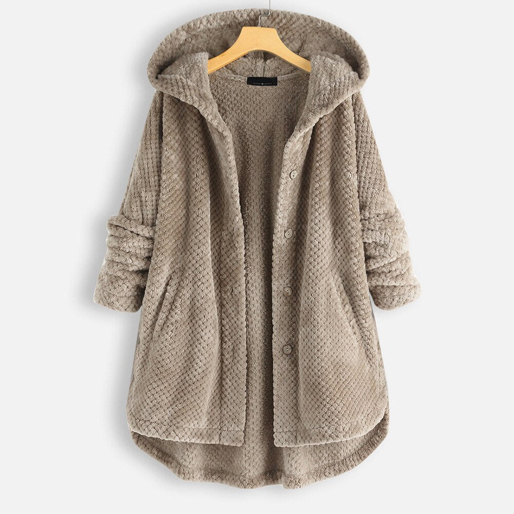 Women’s Oversized Hooded Teddy Jacket – Soft Button-Front Longline Winter Layer