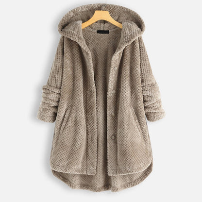 Women’s Oversized Hooded Teddy Jacket – Soft Button-Front Longline Winter Layer