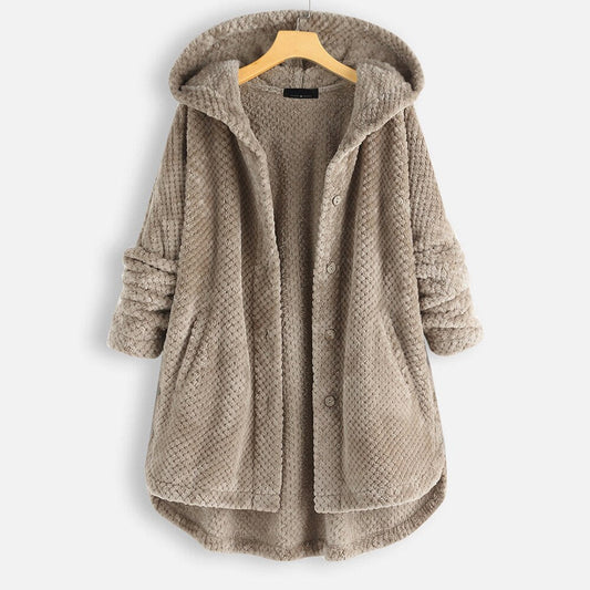 Women’s Oversized Hooded Teddy Jacket – Soft Button-Front Longline Winter Layer