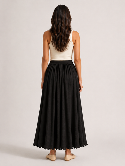 Women’s Linen-Blend A-Line Maxi Skirt – High-Waisted Gathered Design with Cotton Lining for Summer and Holiday Wear