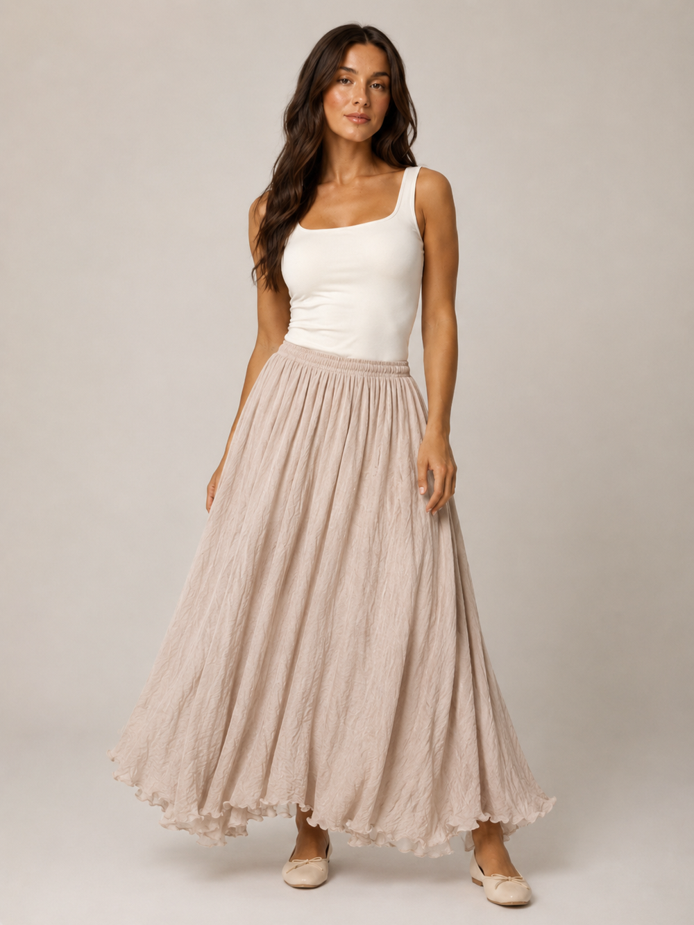 Women’s Linen-Blend A-Line Maxi Skirt – High-Waisted Gathered Design with Cotton Lining for Summer and Holiday Wear