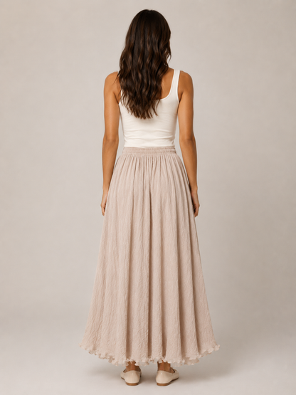 Women’s Linen-Blend A-Line Maxi Skirt – High-Waisted Gathered Design with Cotton Lining for Summer and Holiday Wear