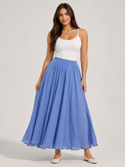 Women’s Linen-Blend A-Line Maxi Skirt – High-Waisted Gathered Design with Cotton Lining for Summer and Holiday Wear